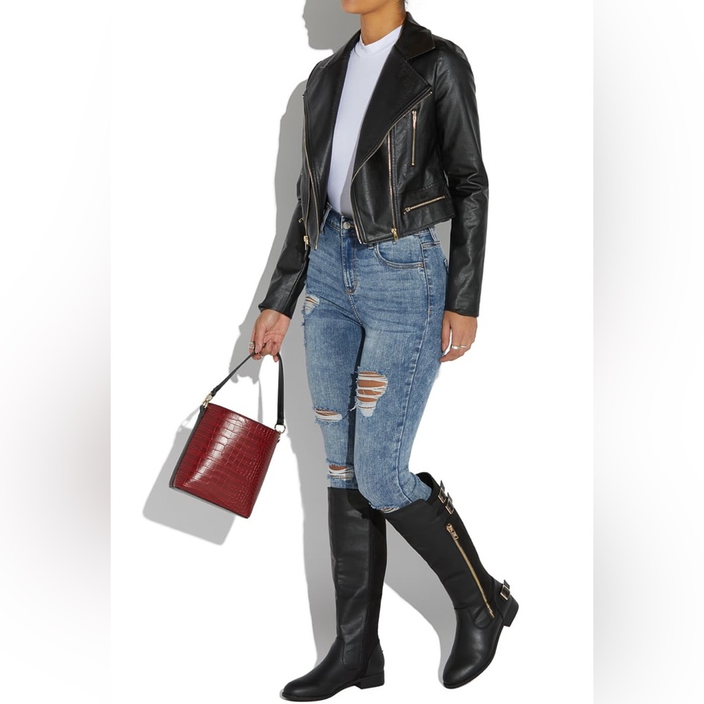 NEW FAUZ LEATHER FLAT BOOTS WITH ZIPPERED DETAILS - Picture 7 of 13